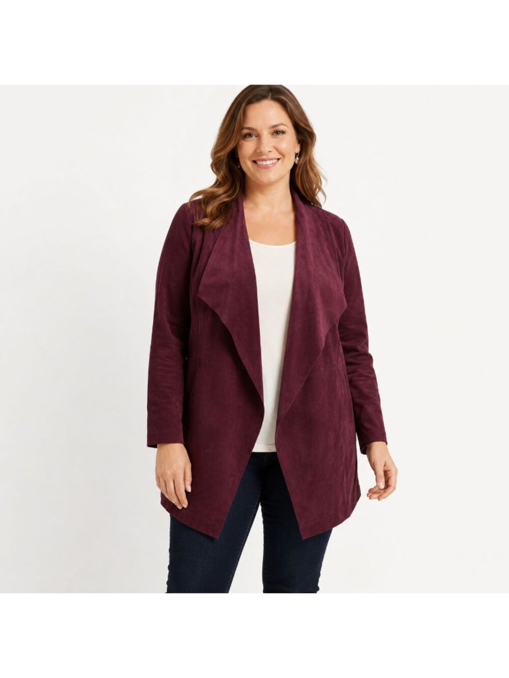 Chicos Womens Faux Suede Burgundy Raw Edge Jacket Merlot Stretch Size 2 | L | 12